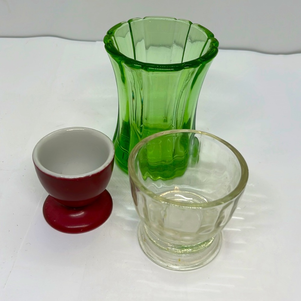 Vintage Green Glass Toothpick Holder & Two Vintage Egg Cups - Picture 1 of 3